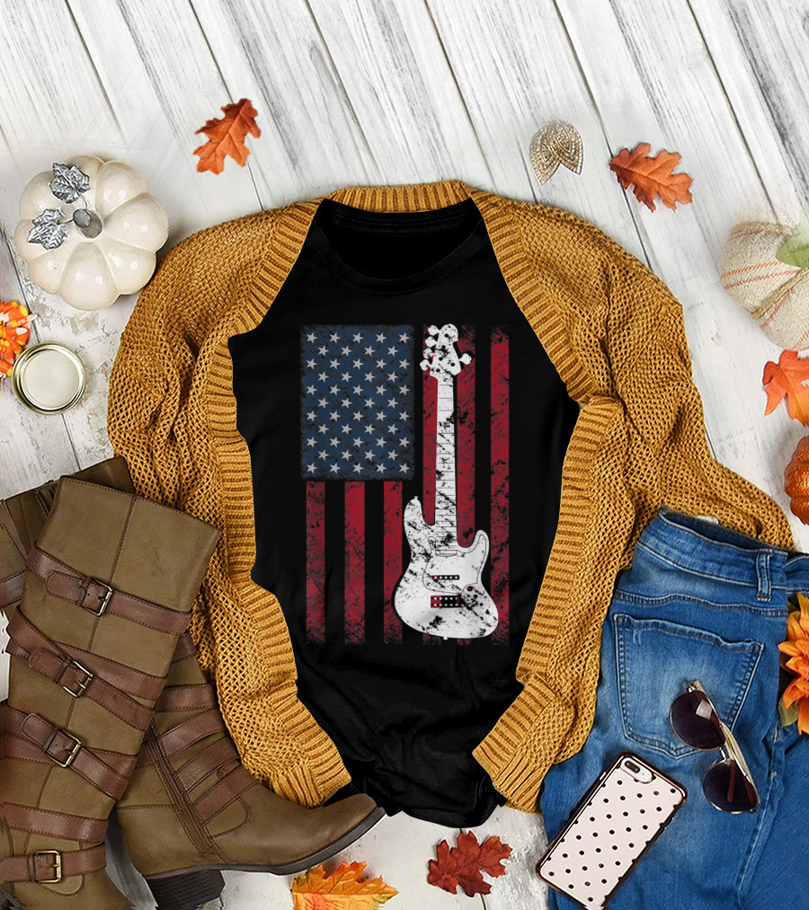 American Guitar with US Flag Design for Music Player Fans T-Shirt