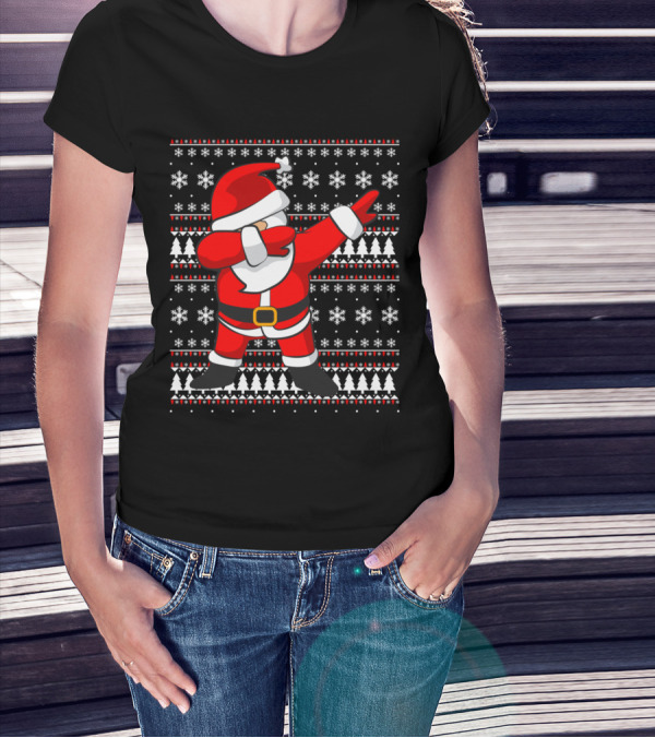 Dabbing Santa Claus Ugly Christmas Sweater Snowflakes Pine Trees T-Shirt