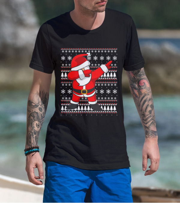 Dabbing Santa Claus Ugly Christmas Sweater Snowflakes Pine Trees T-Shirt