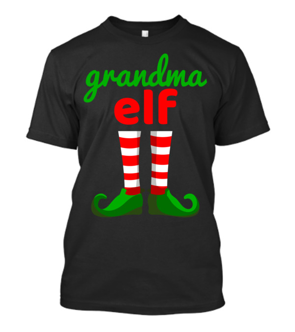 Grandma Elf Christmas Santa Helper Striped Stockings And Green Shoes T-Shirt