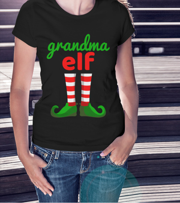 Grandma Elf Christmas Santa Helper Striped Stockings And Green Shoes T-Shirt