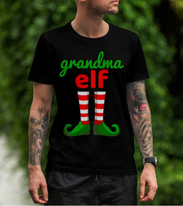 Grandma Elf Christmas Santa Helper Striped Stockings And Green Shoes T-Shirt