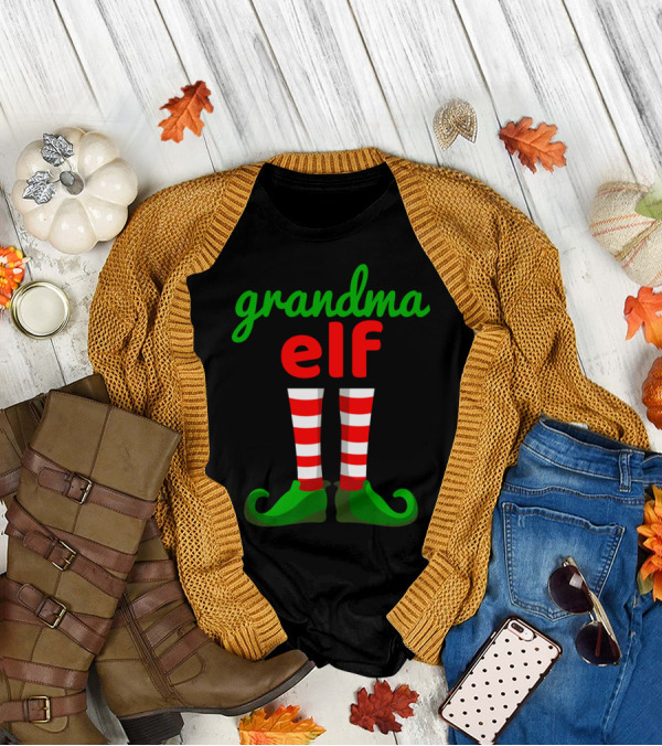 Grandma Elf Christmas Santa Helper Striped Stockings And Green Shoes T-Shirt