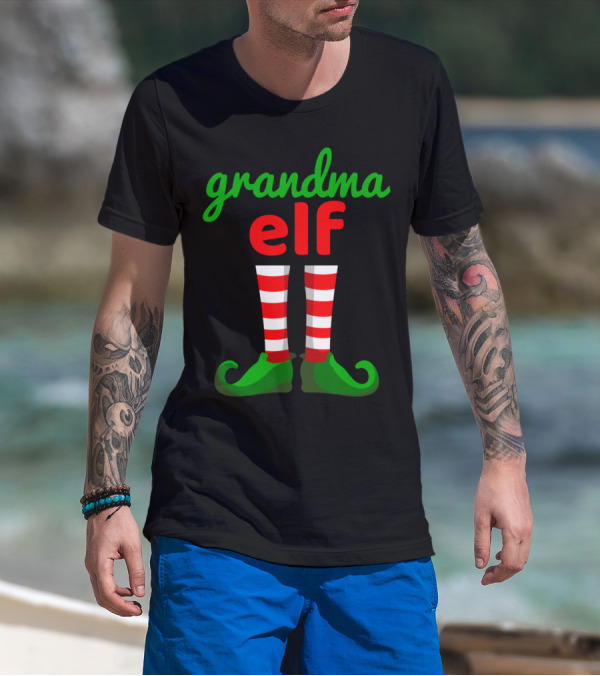 Grandma Elf Christmas Santa Helper Striped Stockings And Green Shoes T-Shirt