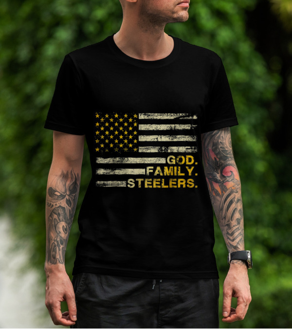 God Family Steelers USA Flag Father's Day Dad T-Shirt