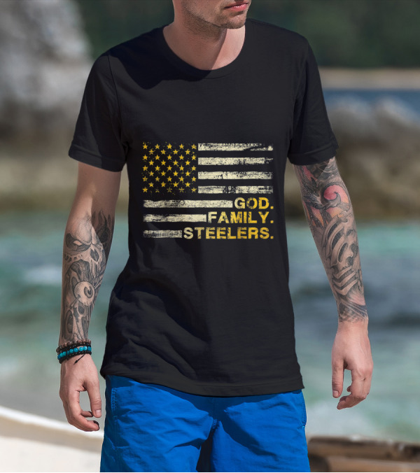 God Family Steelers USA Flag Father's Day Dad T-Shirt