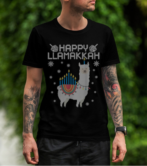 Happy Llamakkah Cute Llama Menorah Dreidel Snowflakes Hanukkah T-Shirt