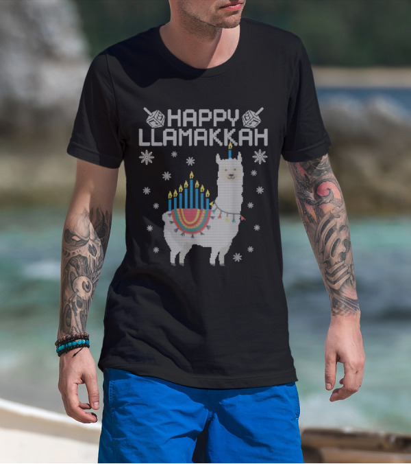 Happy Llamakkah Cute Llama Menorah Dreidel Snowflakes Hanukkah T-Shirt