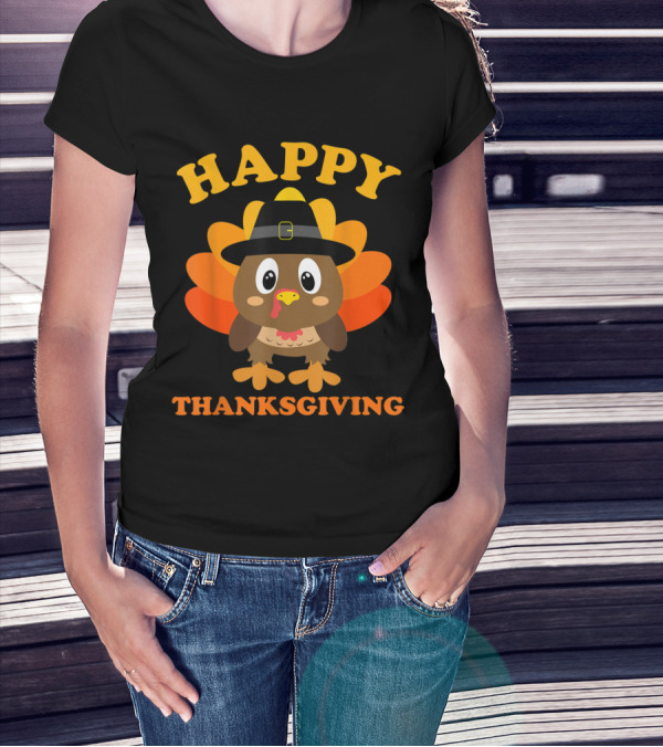 Happy Thanksgiving Kids Pilgrim Turkey T-Shirt
