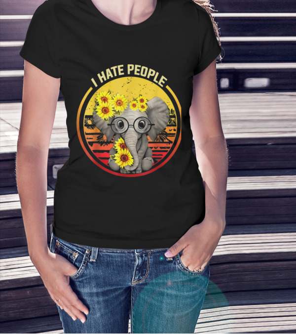 I Hate People Elephant Sunflower Retro Circle Glasses T-Shirt