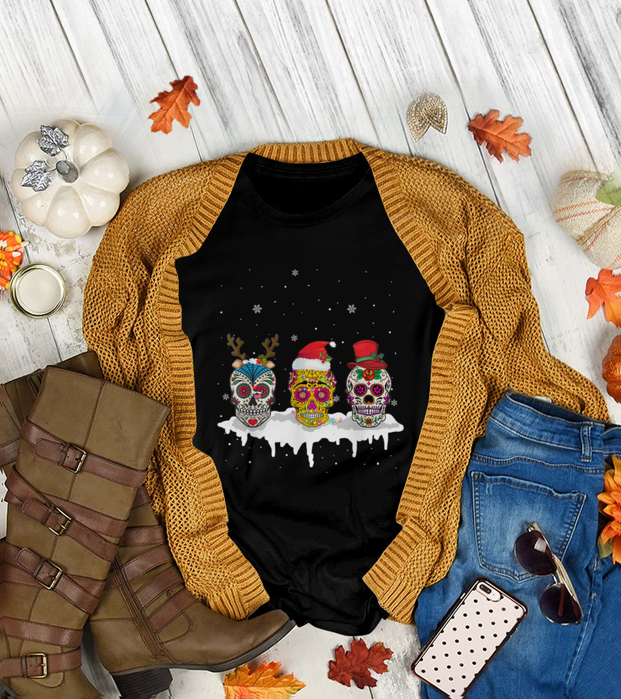 Three Festive Sugar Skull Reindeer Santa Hat Elf T-Shirt