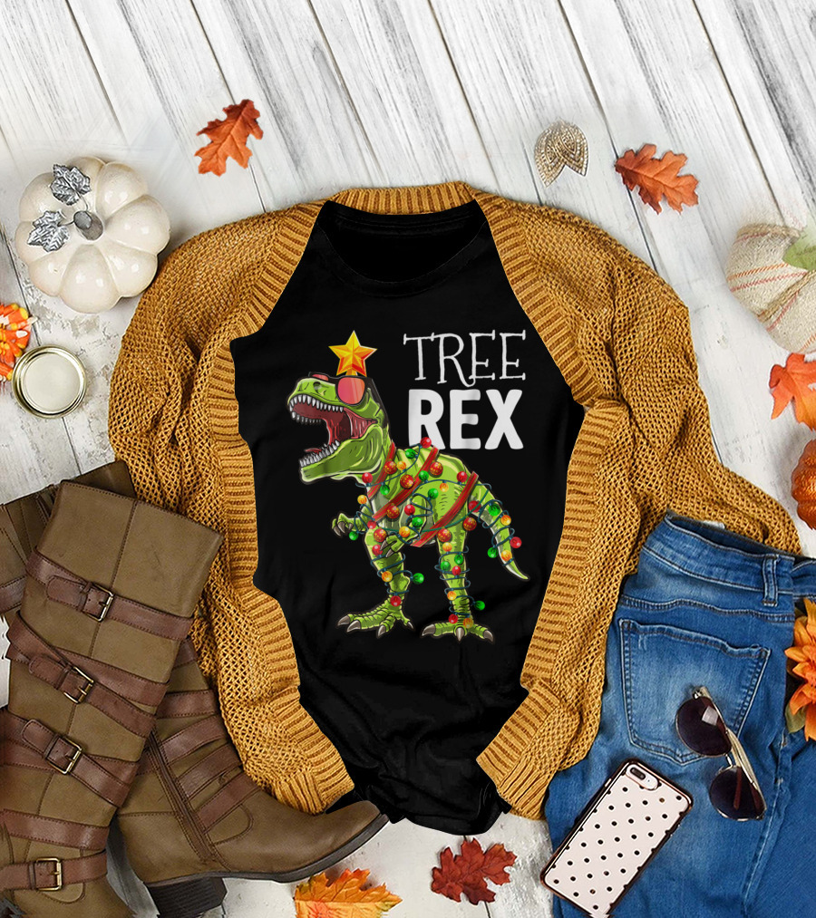 Tree Rex Dinosaur Christmas Lights Holiday T-Shirt
