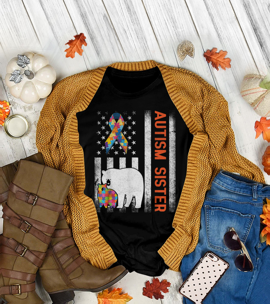 Autism Sister US Flag Puzzle Bears T-Shirt