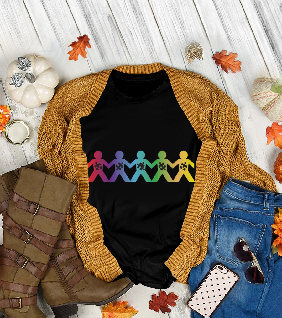 Autism Puzzle Piece Rainbow Unity Paper Dolls T-Shirt