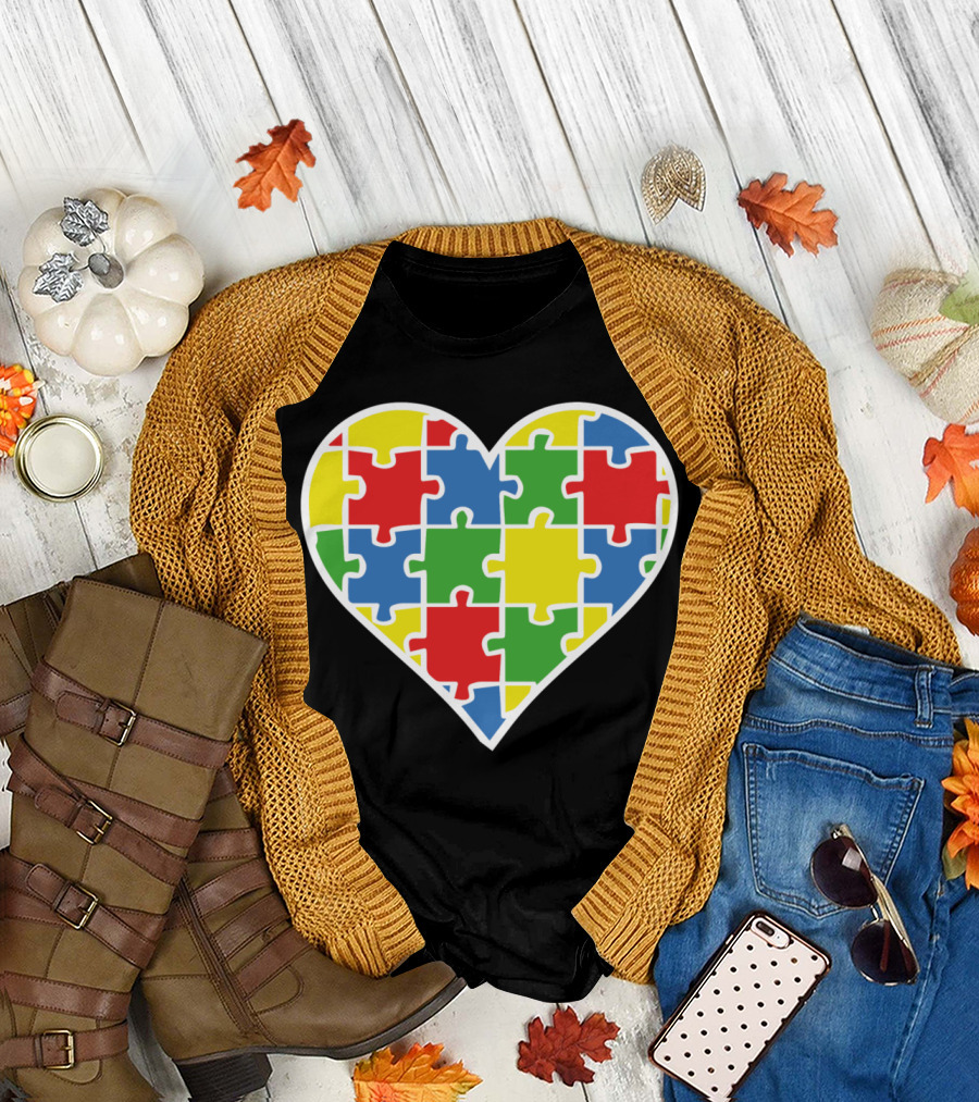 Heart Autism Puzzle Colorful Pieces T-Shirt