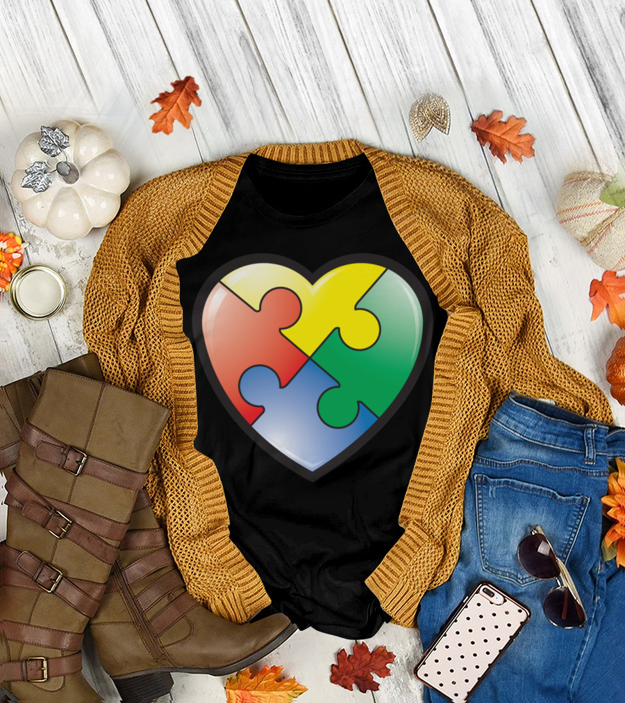 Autism Awareness Heart Puzzle Piece Multicolor T-Shirt