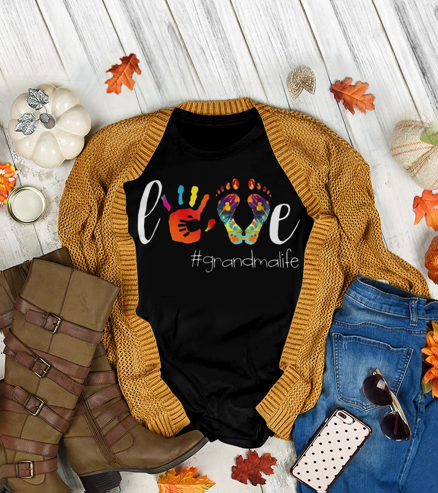 Love Grandma Life Hand Footprint T-Shirt