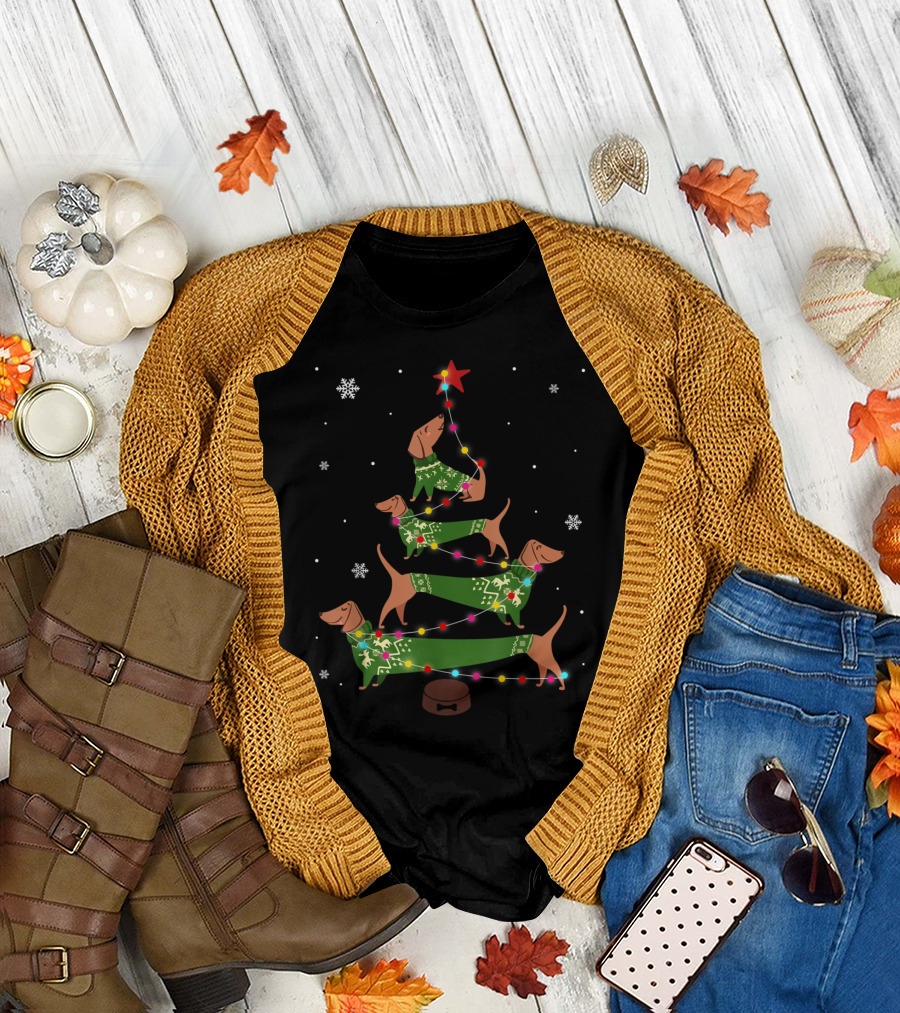 Dachshund Christmas Tree Sweater Lights Star Snowflakes T-Shirt