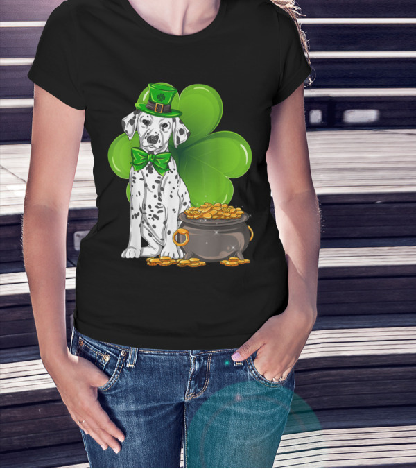 Dalmatian St Patricks Day Leprechaun Shamrock Pot Of Gold T-Shirt
