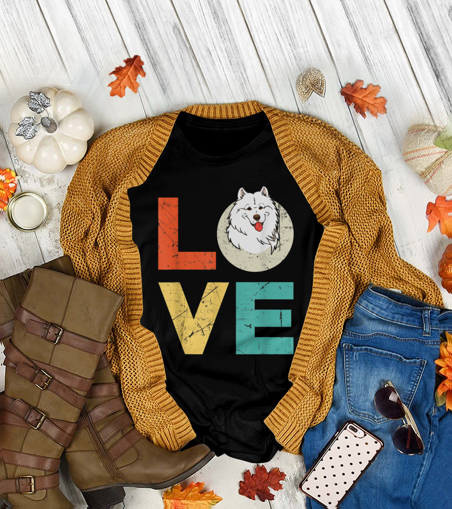 Funny American Eskimo Love Heart Xmas Valentines Day Dog Face in Letters T-Shirt
