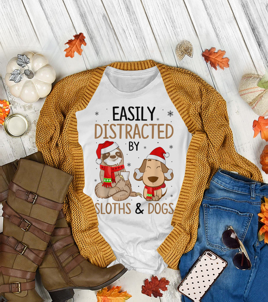 Easily Distracted By Sloths and Dogs in Santa Hats with Scarves T-Shirt