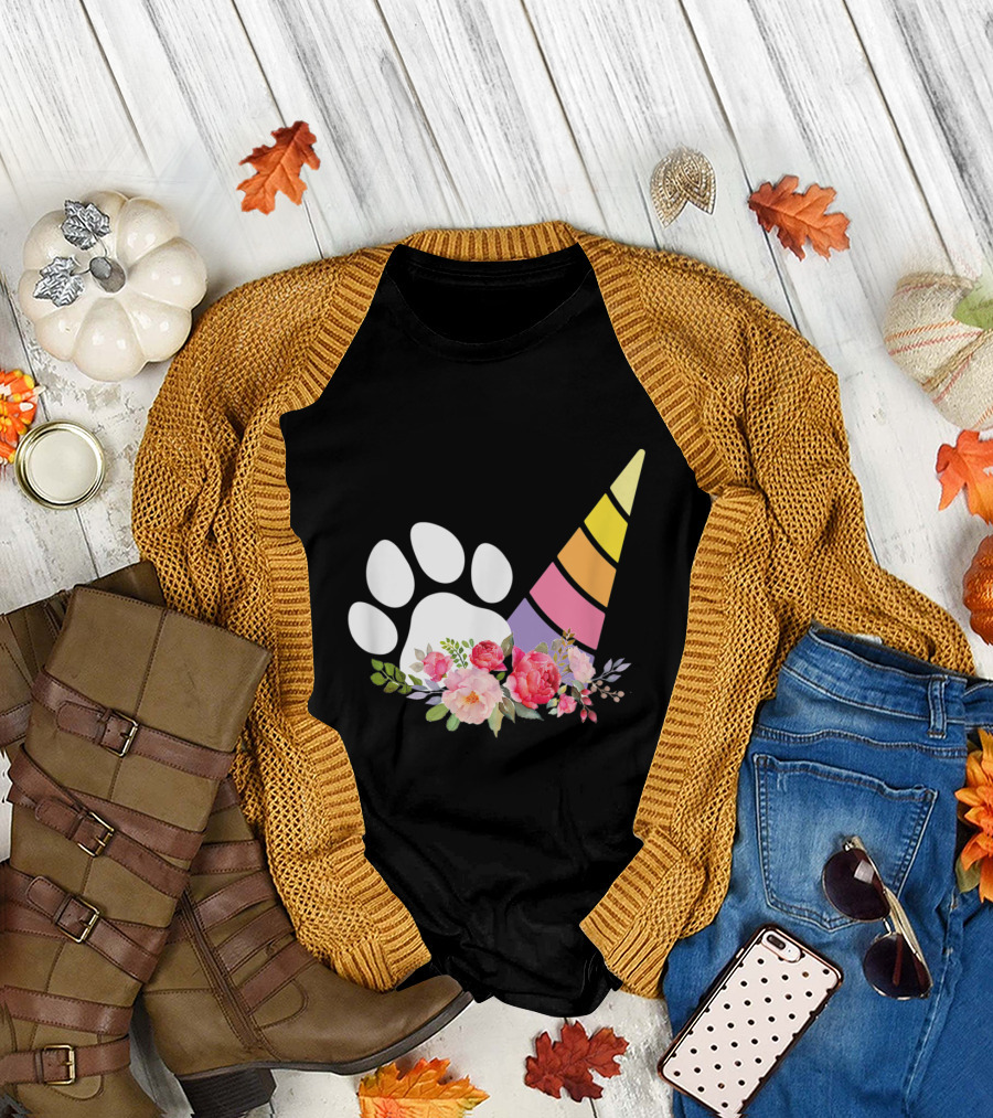 Unicorn Horn and Paw Print with Colorful Floral Accents for Dog Dad T-Shirt