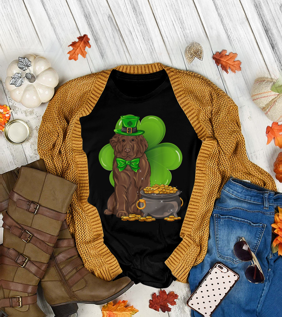Newfoundland St Patrick's Day Dog with Leprechaun Hat and Shamrock T-Shirt