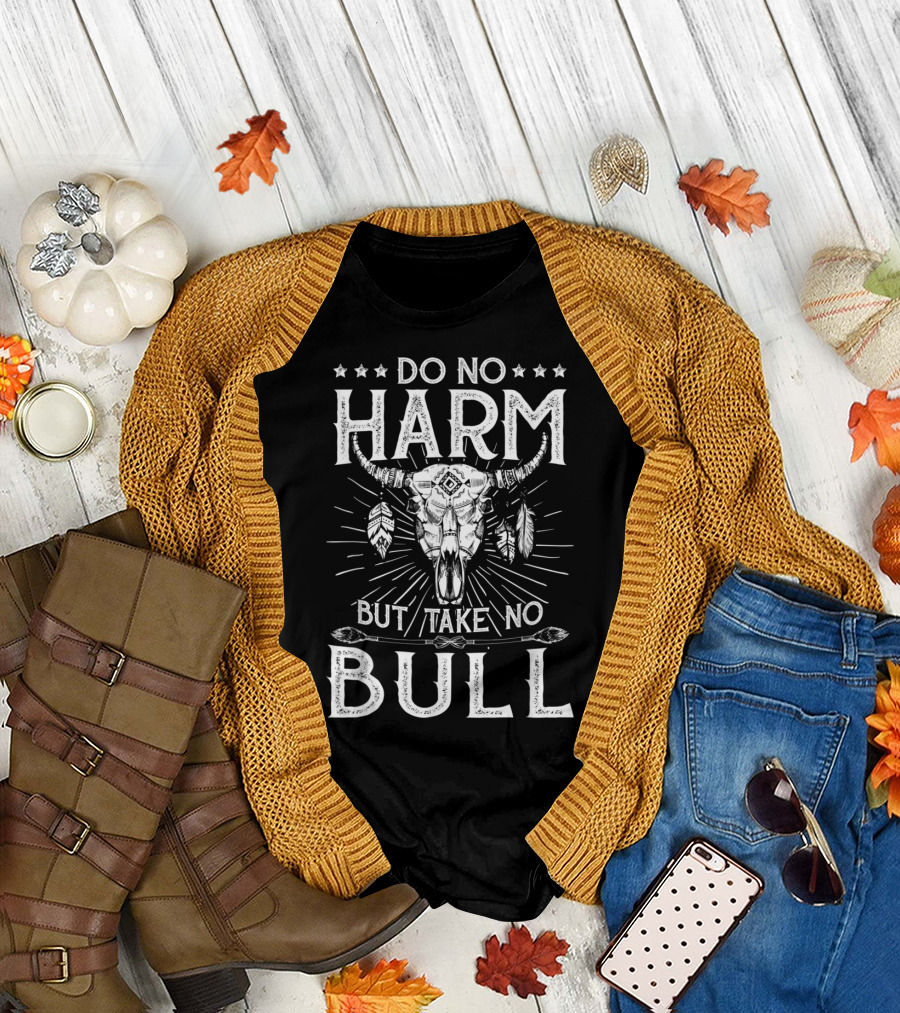 Do No Harm But Take No Bull Skull with Feathers and Arrow Motif T-Shirt