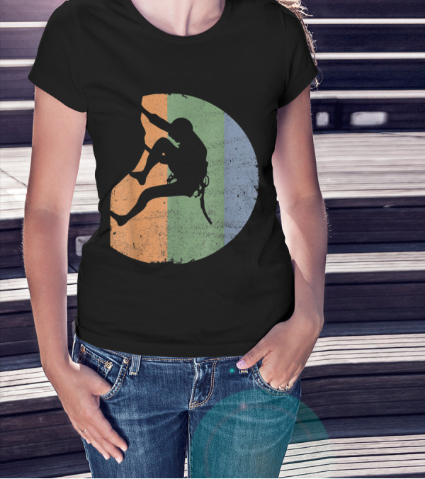 Rock Climbing Vintage Climber Outdoor Gear Silhouette Retro Stripes T-Shirt