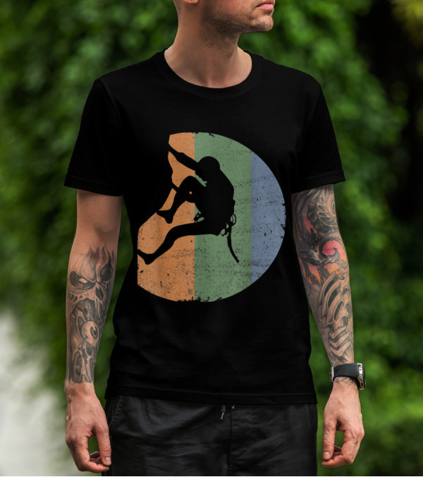 Rock Climbing Vintage Climber Outdoor Gear Silhouette Retro Stripes T-Shirt