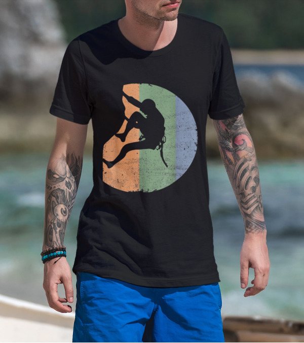 Rock Climbing Vintage Climber Outdoor Gear Silhouette Retro Stripes T-Shirt