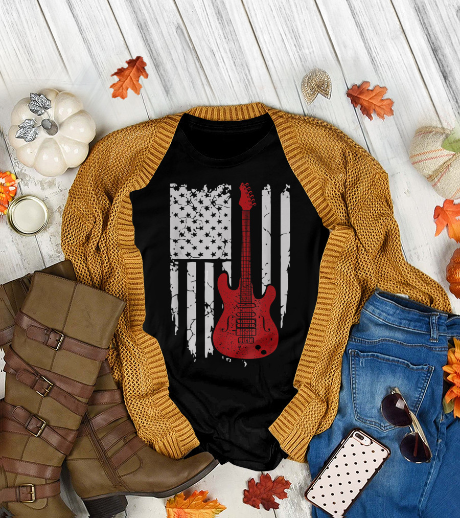 USA American Flag Red Guitar Vintage Musician Guitars T-Shirt