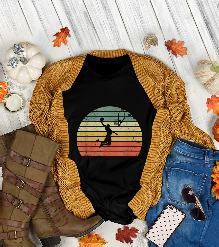 Vintage Basketball Dunk Silhouette Sunset Colorful T-Shirt