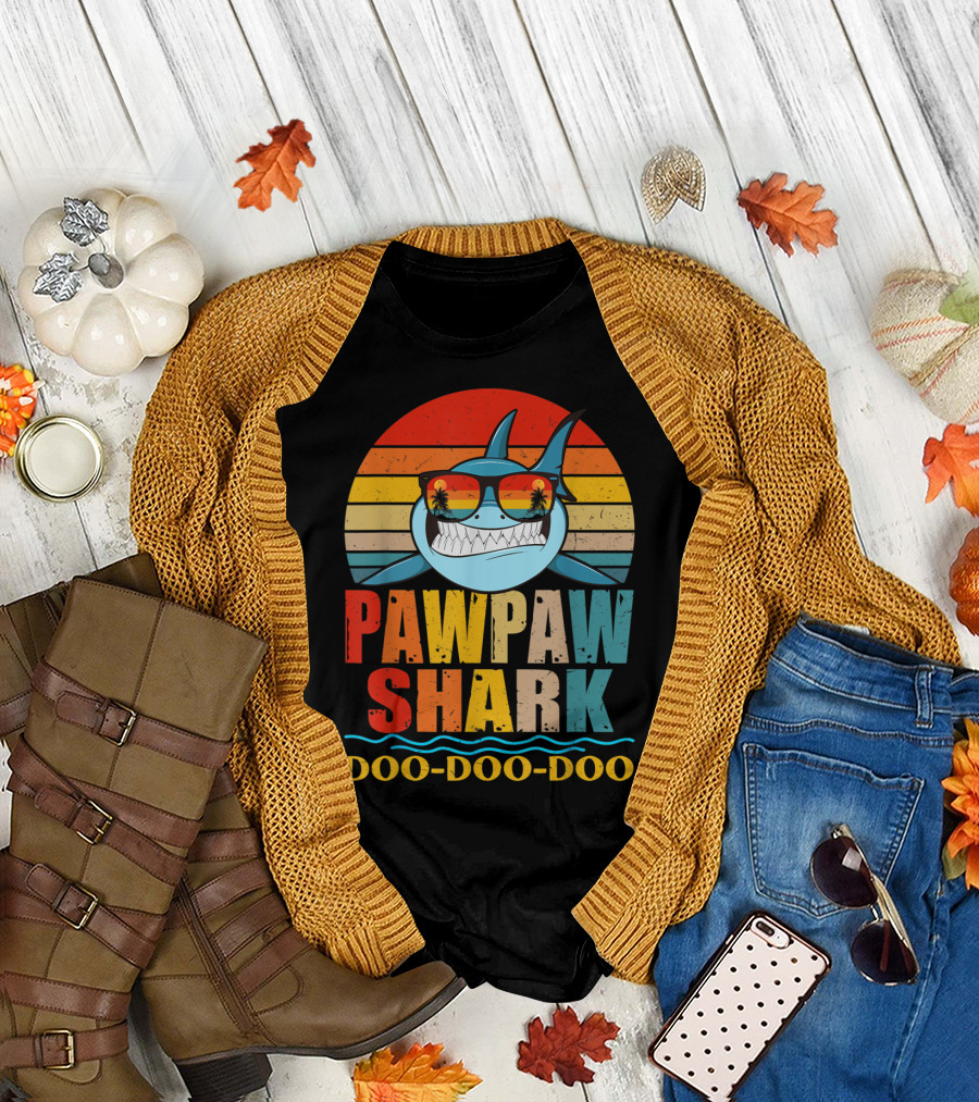 Pawpaw Shark Doo Doo Doo Retro Vintage Sunglasses Sunset Stripes T-Shirt
