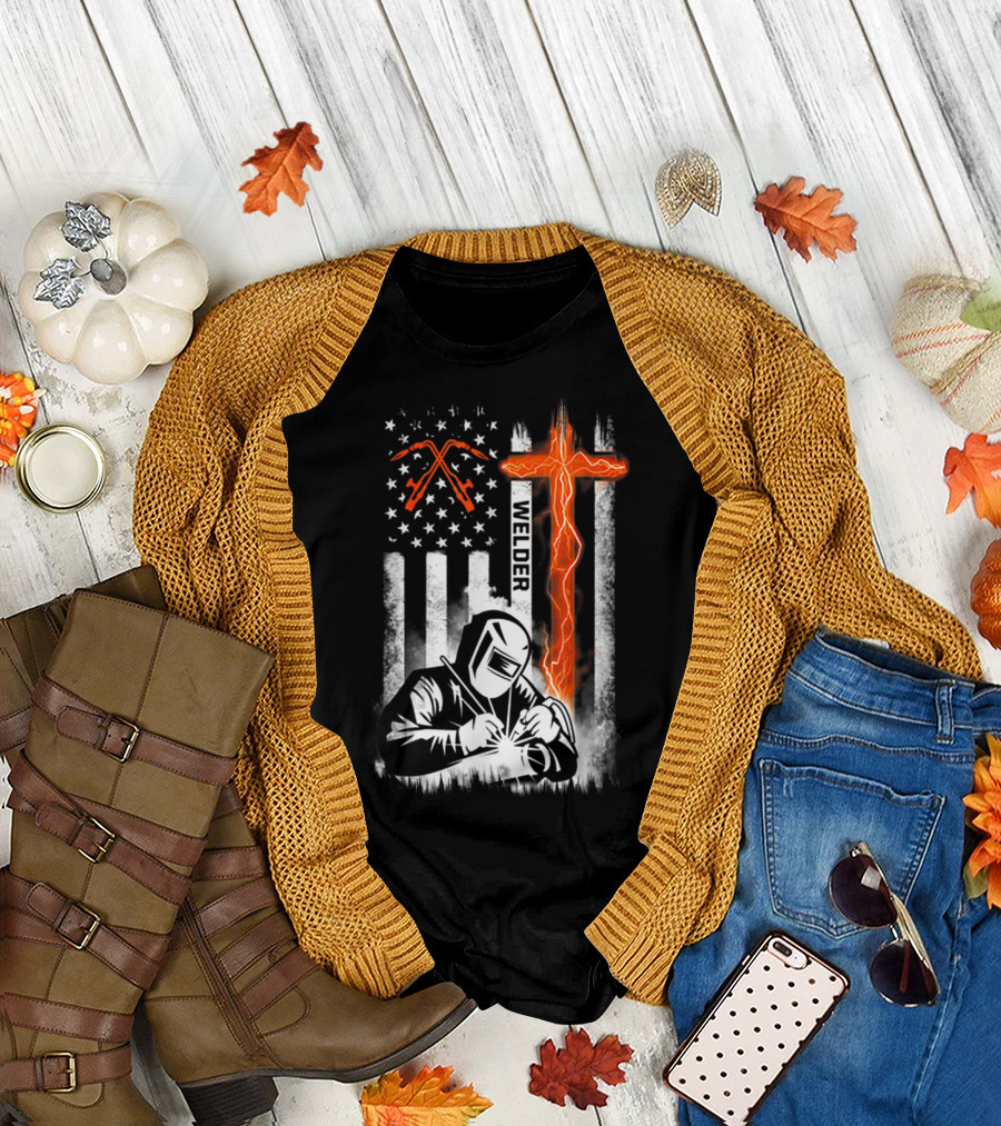 Welder American Flag Cross USA Patriotic Welder T-Shirt