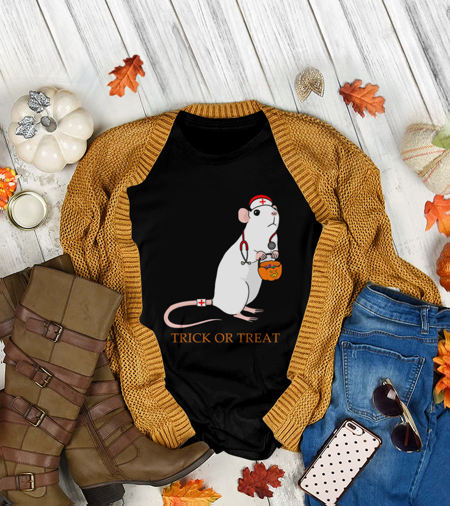 Trick or Treat Halloween Rat Nurse with Pumpkin Bucket T-Shirt