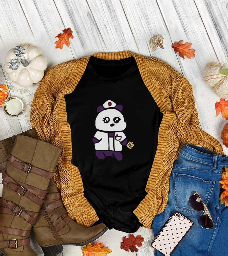 Nurse Panda Holding Syringe and Pill Bottle Dressed in Medical Uniform T-Shirt