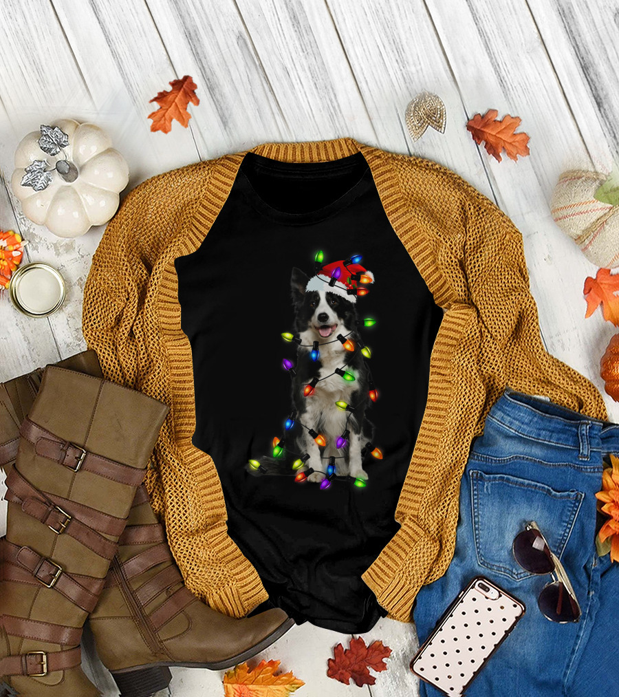 Border Collie Wrapped in Christmas Lights with Santa Hat T-Shirt