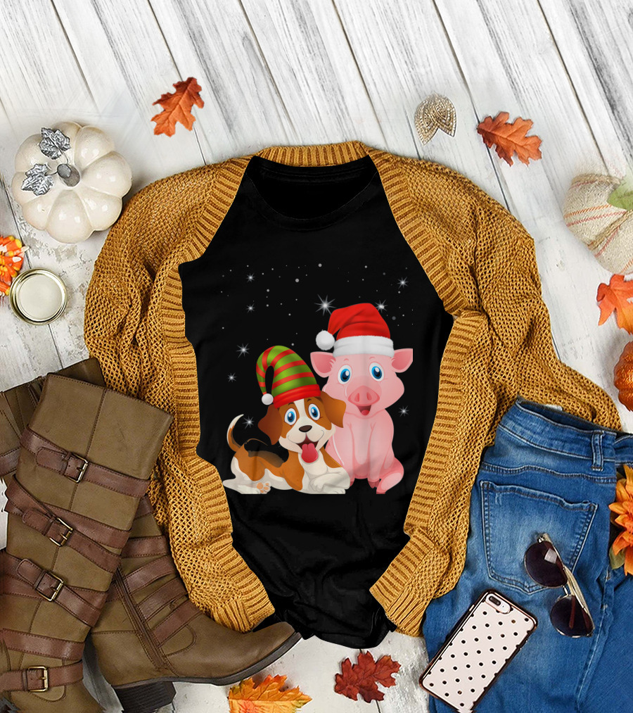 Christmas Dog and Pig in Santa Hats with Stars T-Shirt
