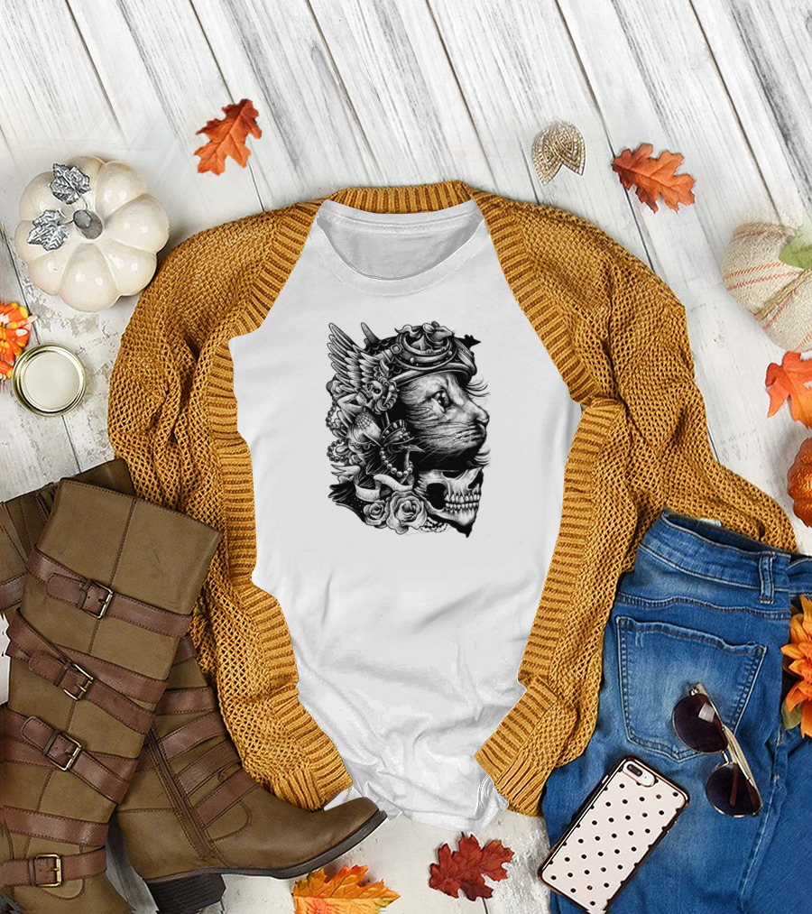 Biker Life Skull and Roses with Lion and Wings T-Shirt