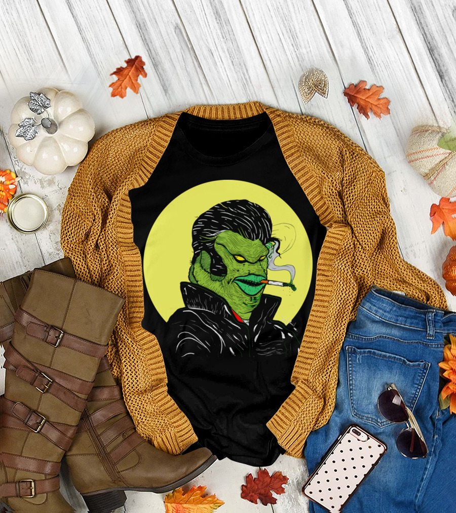 Biker of the Black Lagoon Creature Smoking in Leather Jacket with Pompadour T-Shirt