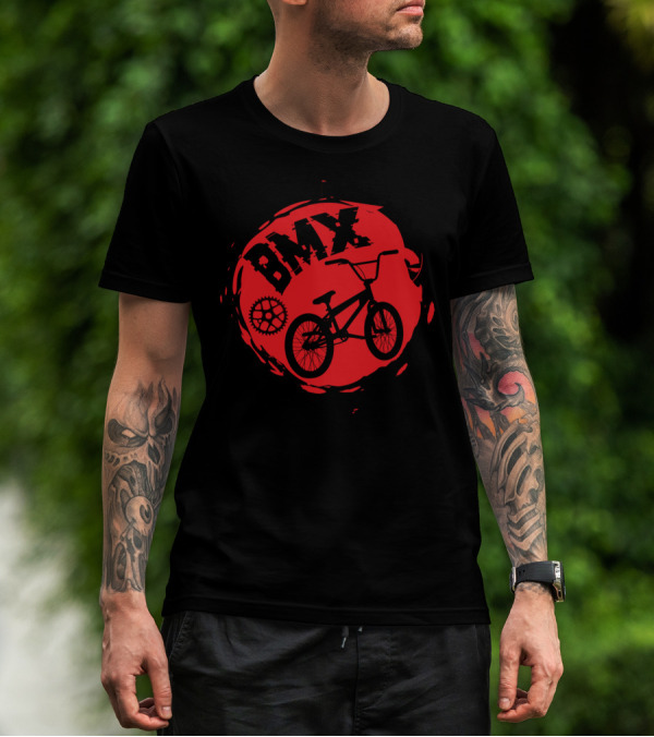 BMX Bike Red Circle Gear Motif T-Shirt