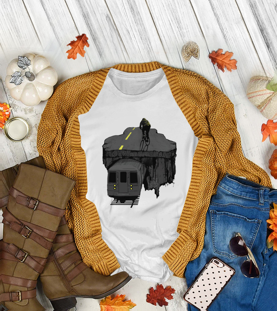 Ride Above Subway Tunnel Cyclist on Cliff Path T-Shirt