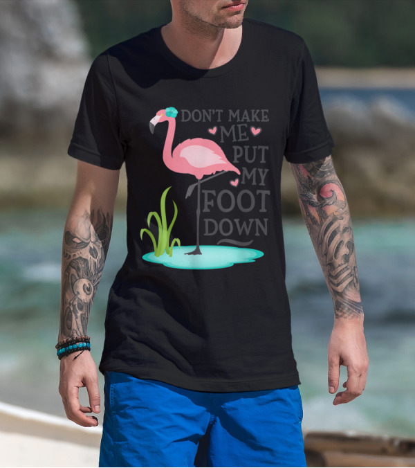 Don't Make Me Put My Foot Down Pink Flamingo Standing In Pond With Heart Accents T-Shirt