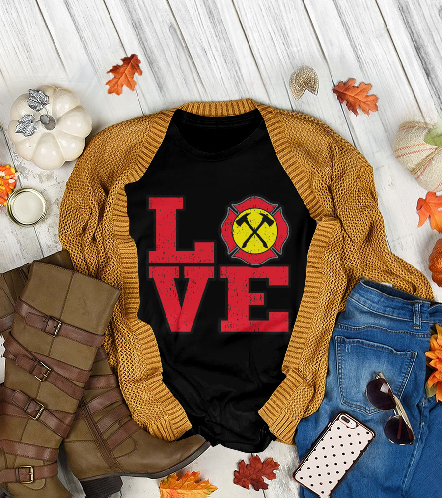 LOVE Firefighter Symbol with Firefighting Tools Badge T-Shirt