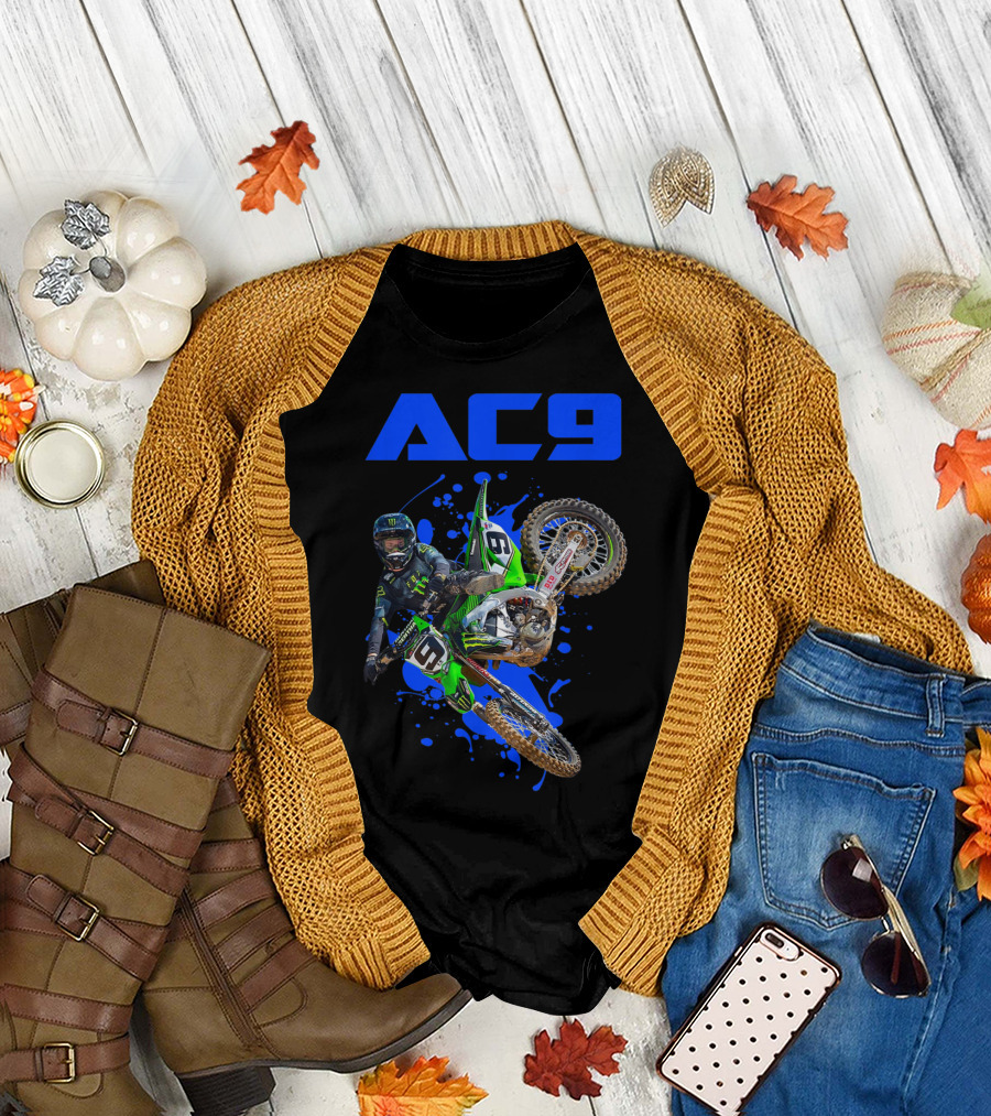 AC9 Motocross Rider with Green Dirt Bike and Blue Splash Background T-Shirt
