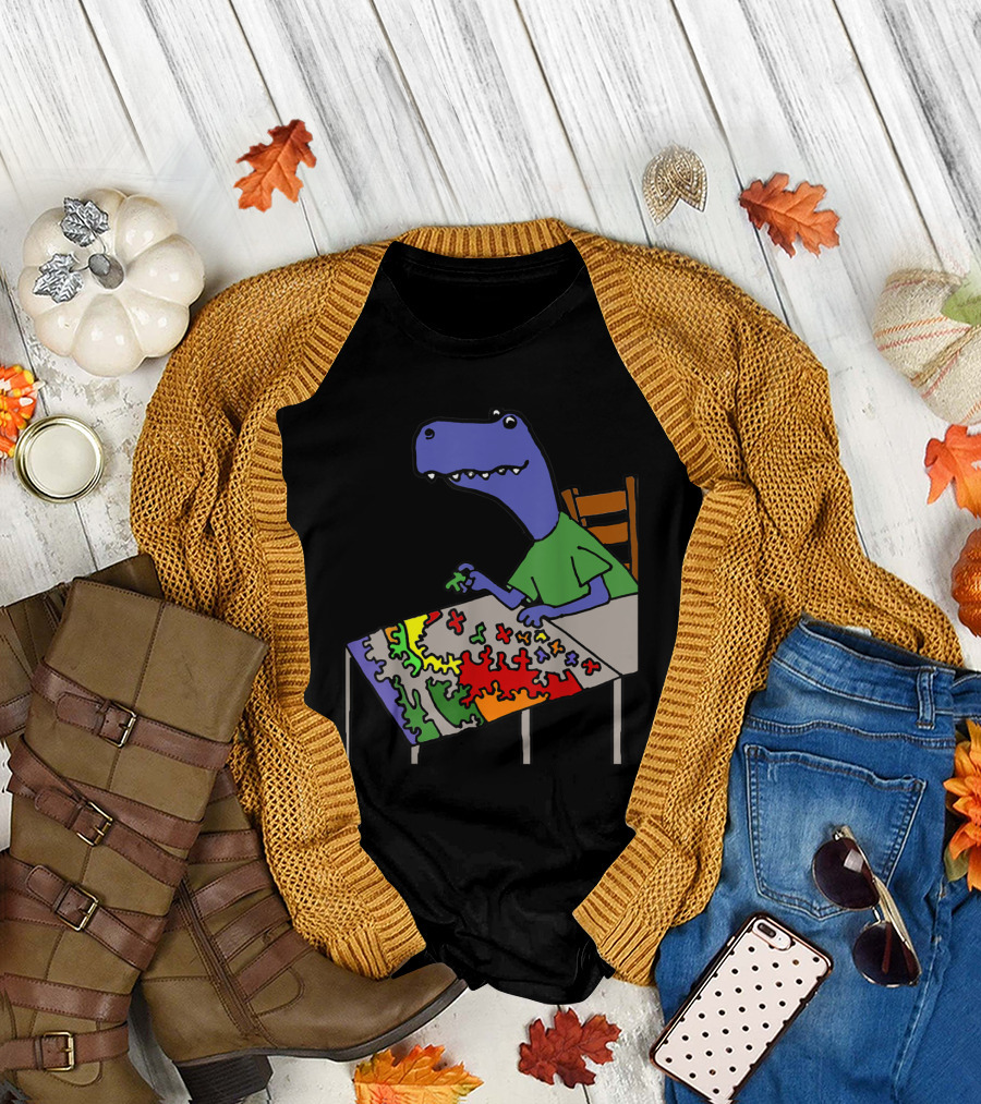 Smileteeshoba Funny Rex Dinosaur Solving Vibrant Jigsaw Puzzle T-Shirt