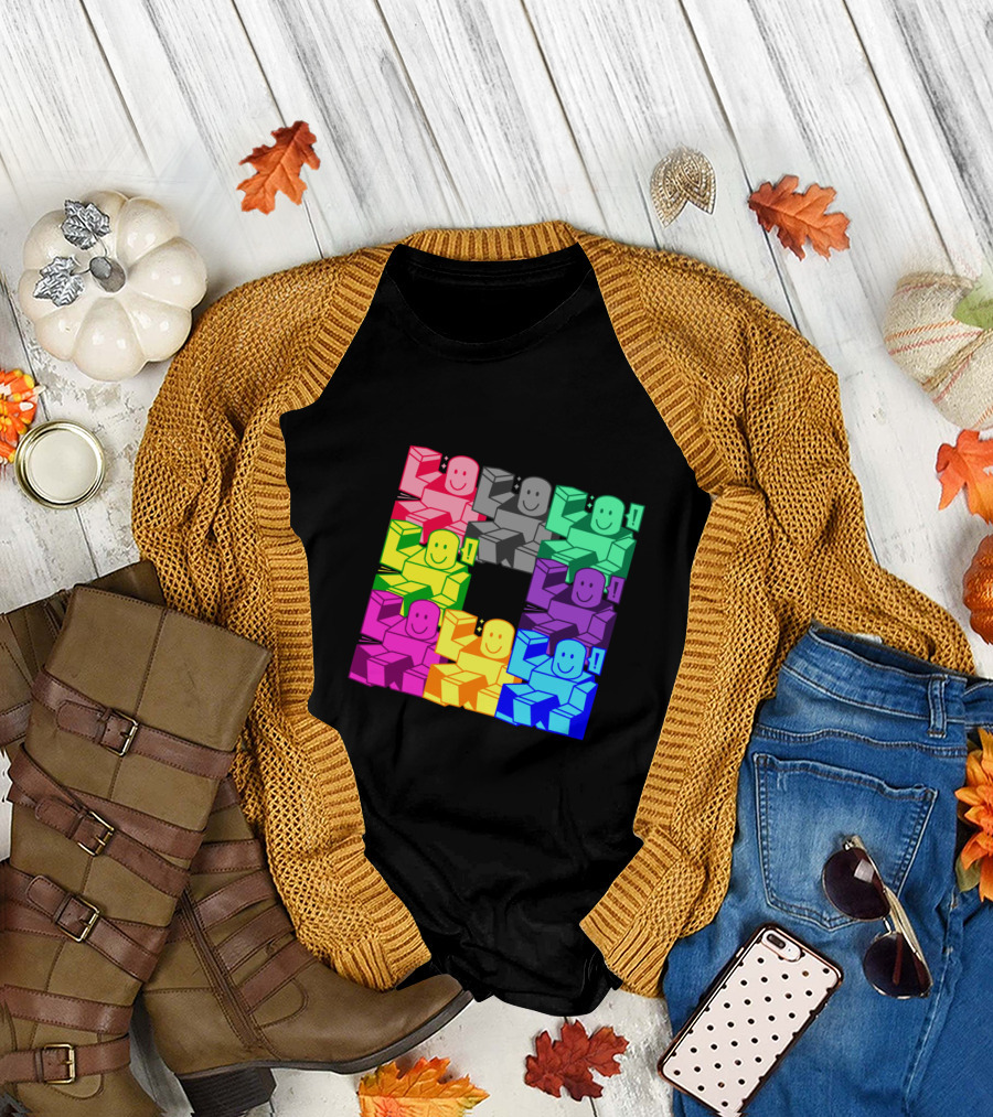 Color Blox Smiling Characters in Vibrant Rainbow Squares T-Shirt