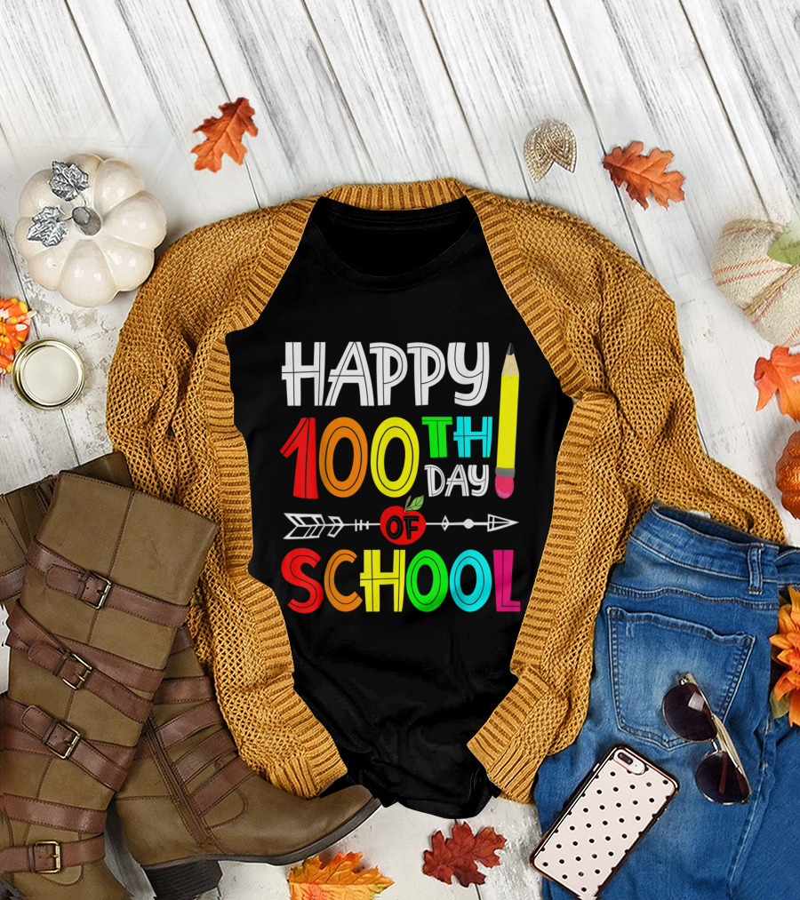 Happy 100th Day of School with Colorful Text Pencil Arrow and Apple T-Shirt