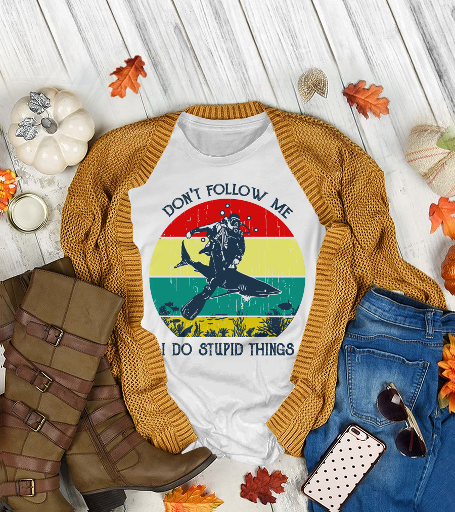 Don't Follow Me I Do Stupid Things Scuba Diver Riding Shark Vintage Stripes T-Shirt
